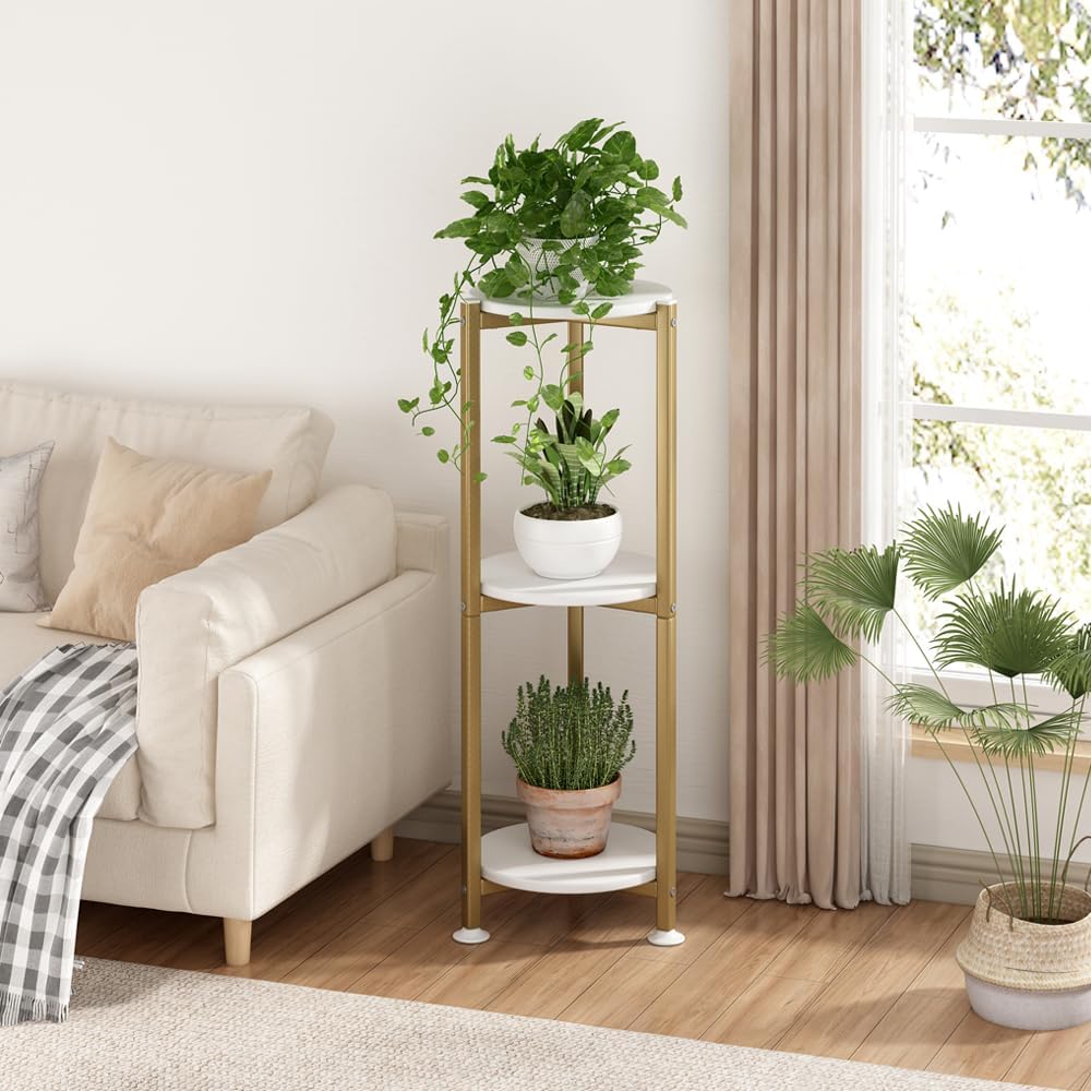 3 Tier Plant Stand Indoor Corner Tall Round Shape Plant Shelf | Modern Metal MDF board Flower Storage,Suitable tight