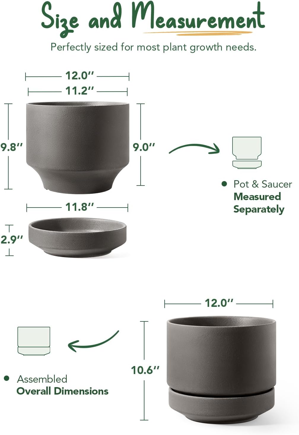 LE TAUCI 12 Inch Pot for Plants with Saucer, Ceramic Indoor Planter Pot with Drainage Hole, Mesh Pad Included, Unglazed