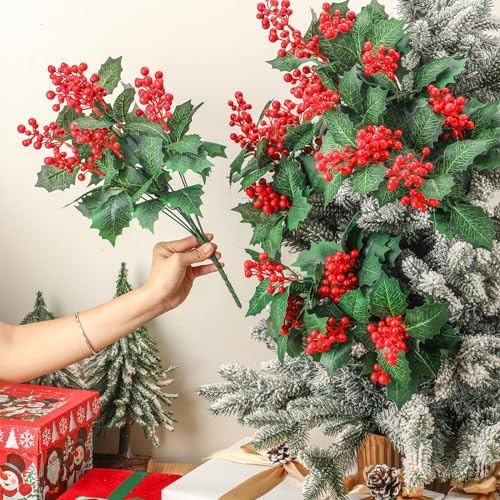Ceenna 12 Pcs Christmas Artificial Poinsettia Flowers, Berry Stems, Holly