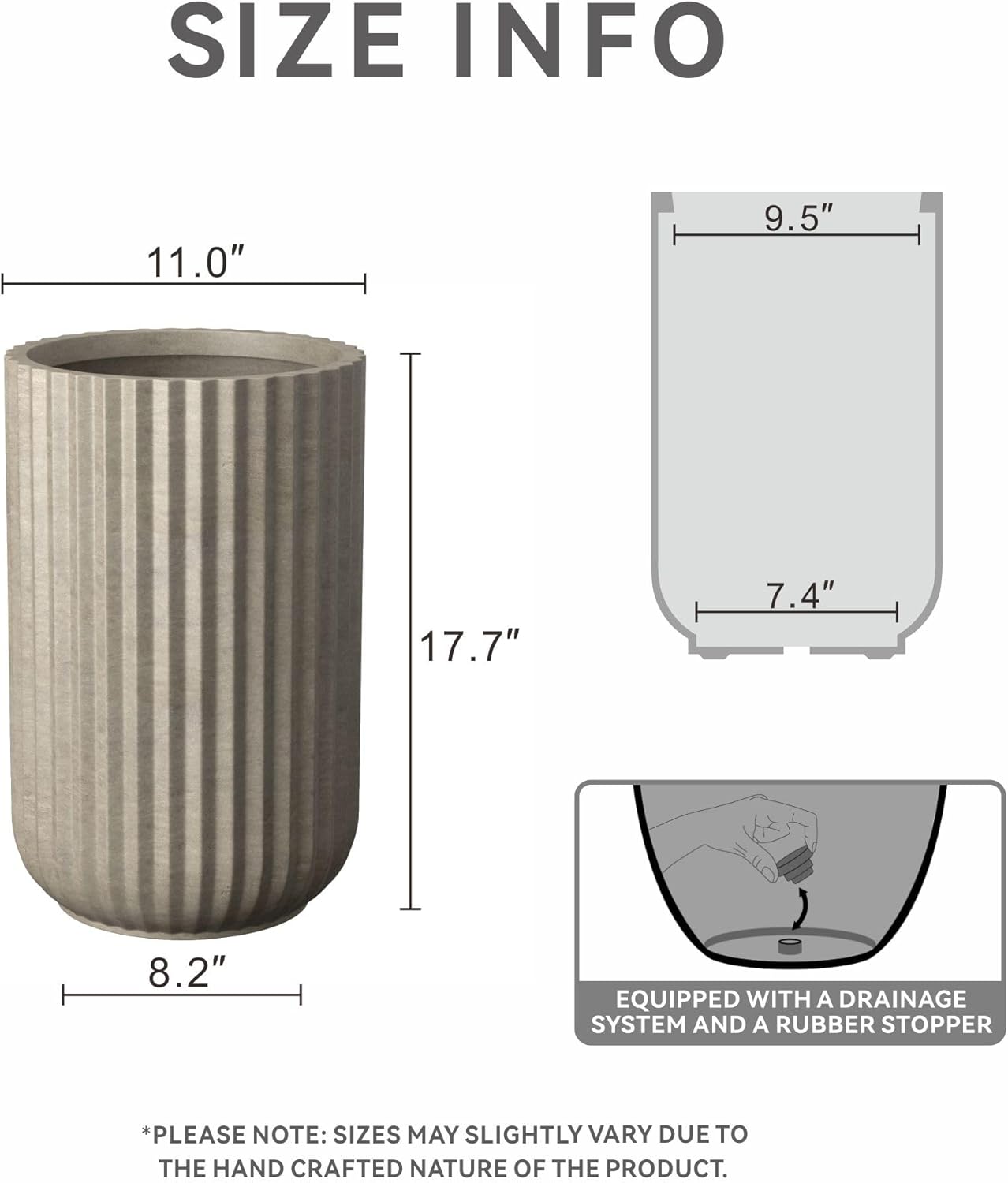 Kante Accent Round Column Weathered Concrete Planter 17.7" Tall, Outdoor | Fluted, Rubber Plug for Indoor, Drainage for
