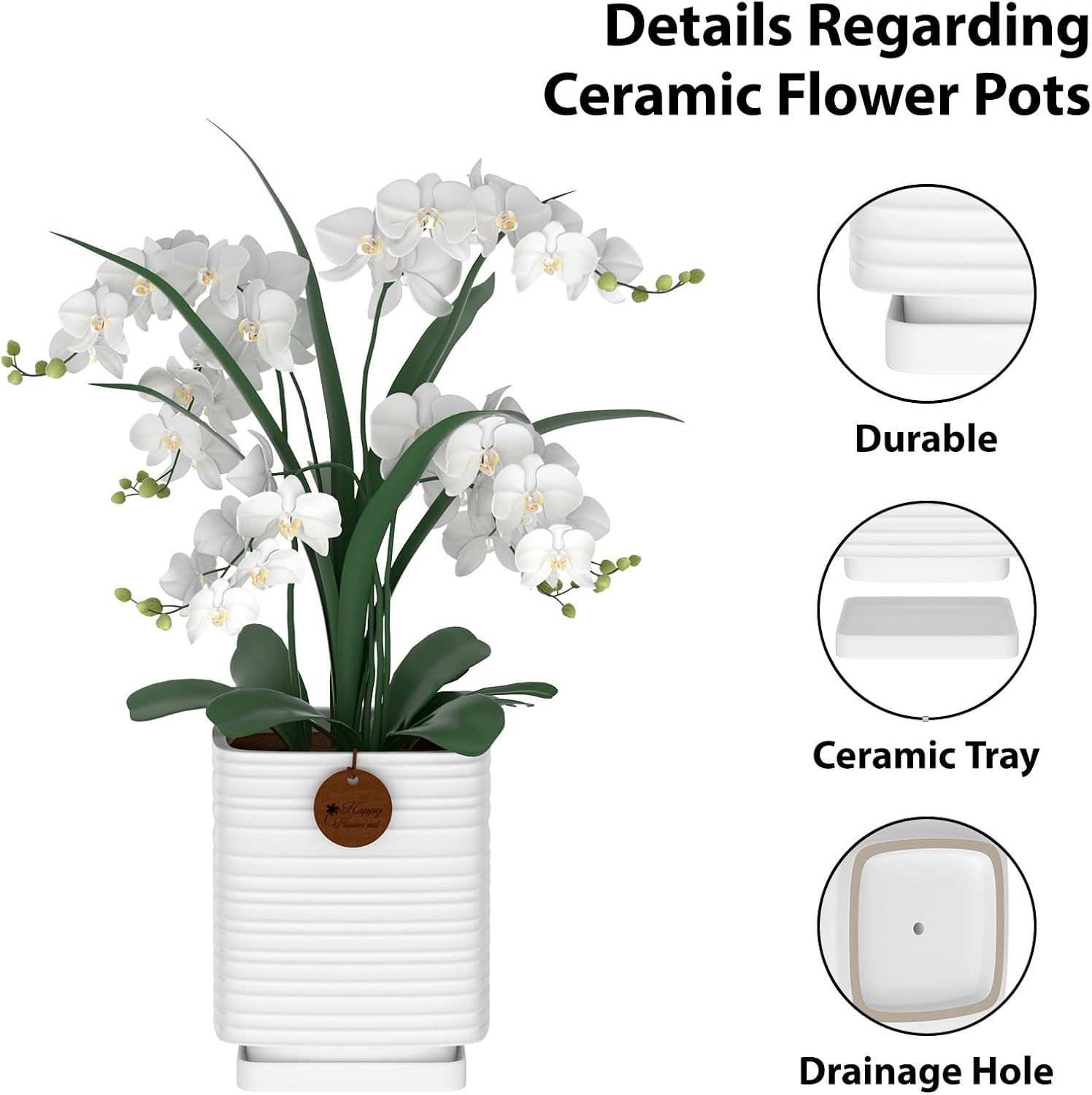 7.1 Inch White Ceramic Planter with Drainage and Saucer | 7.1 x 7.1 x 8.5 Inches | Ideal for Indoor and Outdoor Plants