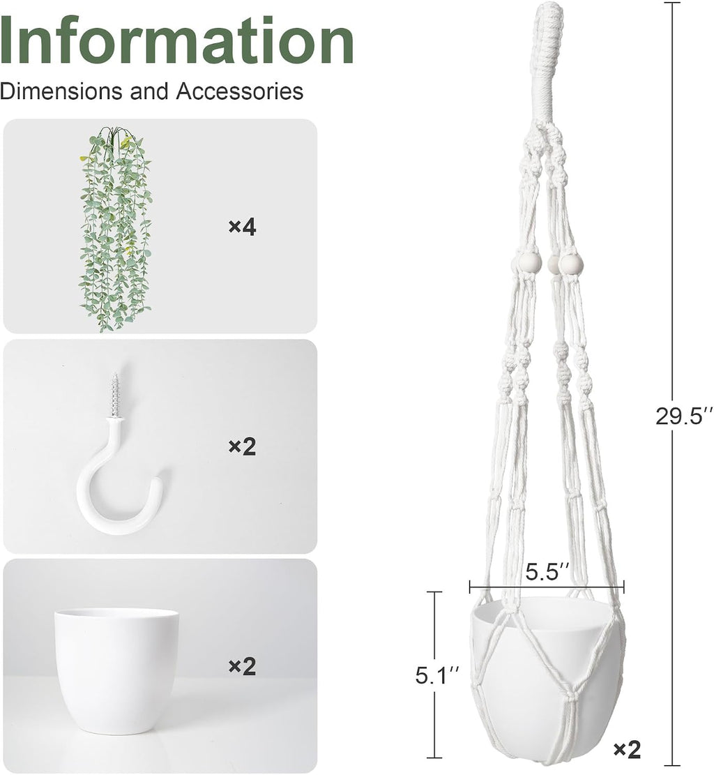 DREAMLOOM 2 Packs Fake Hanging Plants with Pots, Artificial Eucalyptus Hanging Plants with Macrame Hanger for Indoor