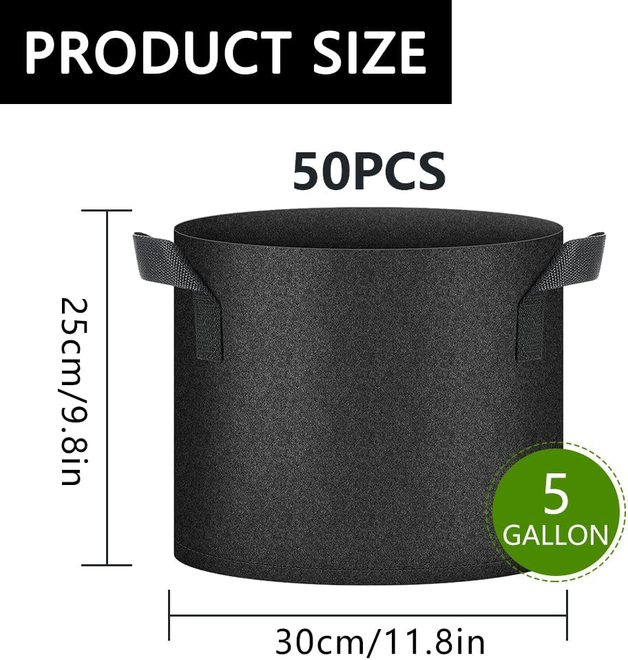 50 Pack Grow Bags, Black Heavy Duty Fabric Pots Nonwoven Potato Grow Bags | Reinforced Stitching, Breathable Vegetable