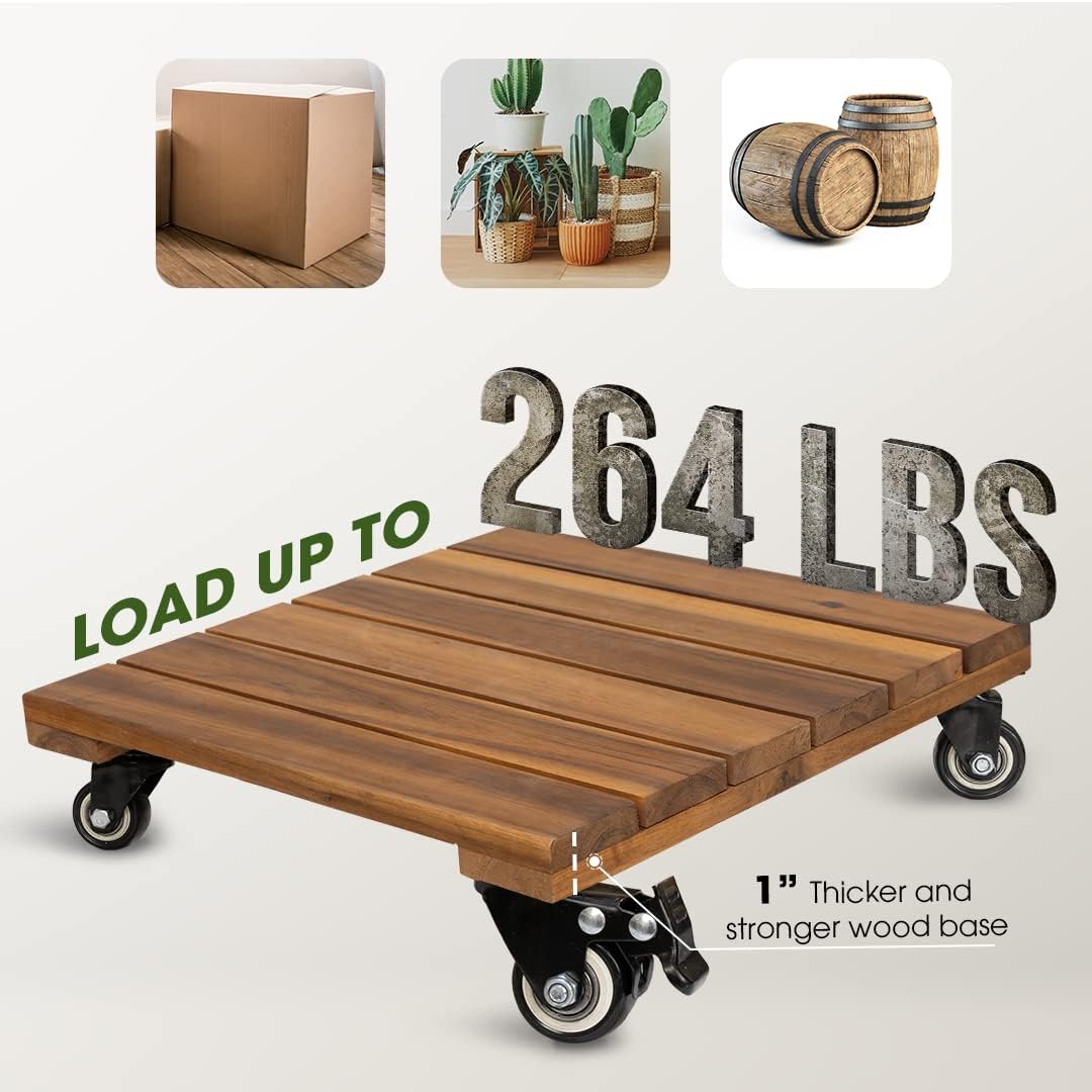 2-Pack 14 Inch Wood Plant Caddy with Wheels Heavy Duty, 264 lbs Acacia Hardwood Plant Caster Dolly Rolling Stand with