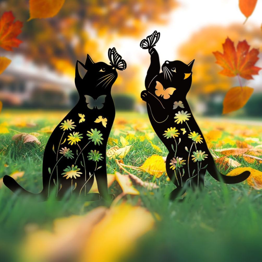 Cat Garden Decor Outside Black Cat Silhouette Yard Art Garden Stakes | 17" Rust-proof Metal Black Cat Yard Decor Adds