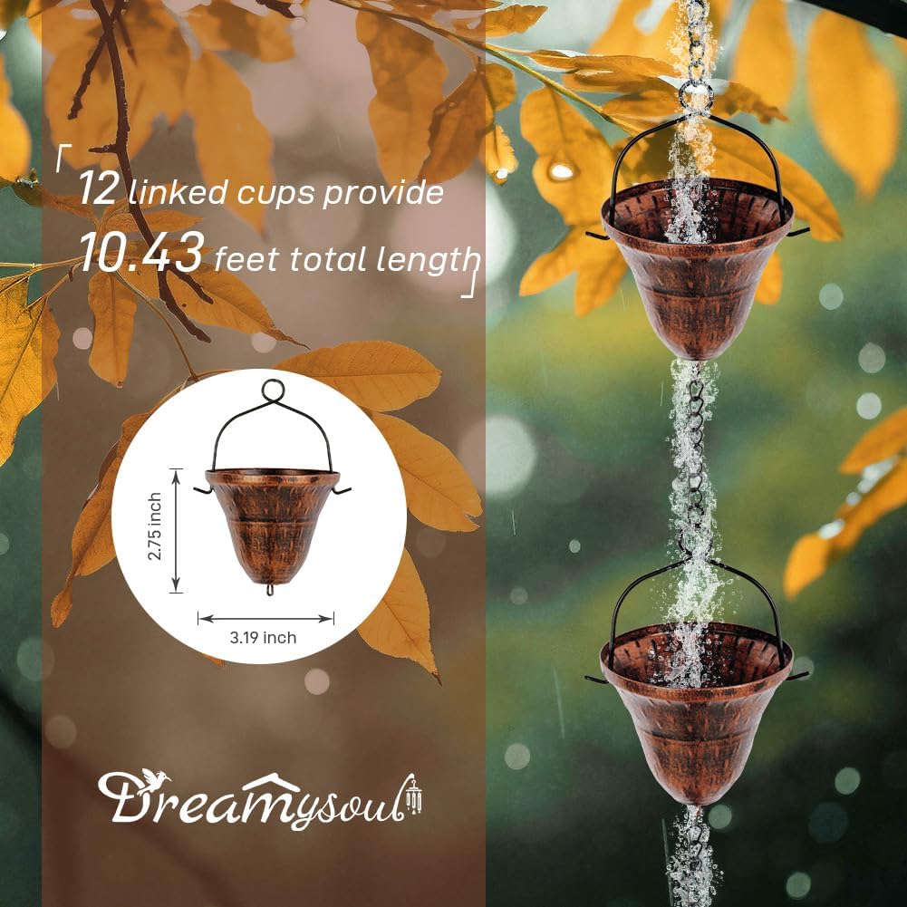 dreamysoul Copper Rain Chains for Outside, 10.43FT with 12 Cups Rain Catcher Chains for Downspout Gutters, Eaves