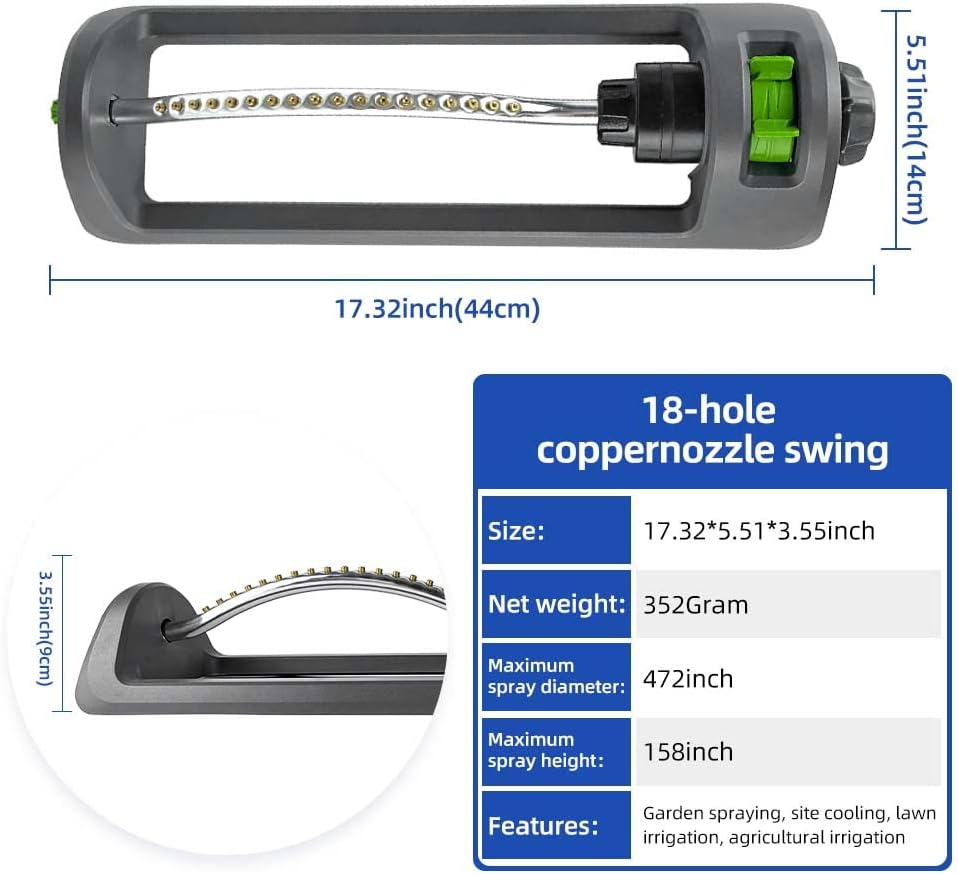 Lawn Sprinkler, HH Together Oscillating Sprinkler with 18 Hole Brass Nozzles, Watering for Lawn & Garden Covers up to