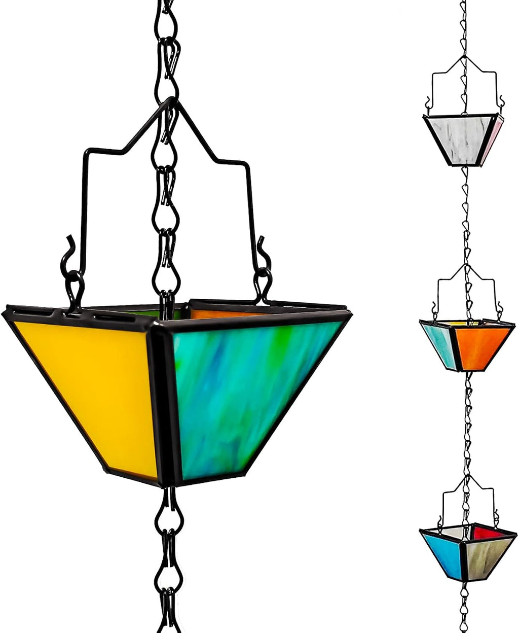 Rain Chain Set 8.5FT,Handmade Metal Inlaid Stained Glass Vintage Style, Rain Chains for Drains to Divert Water & Home