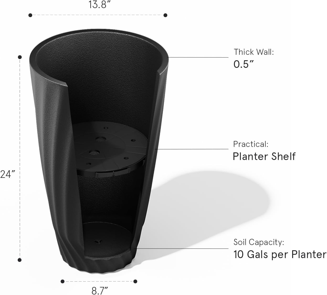 La Jolie Maison 24 Inch Tall Planters, Large Decorative Plant Pots Set of 2 | Tall Black Planter for Indoor and Outdoor