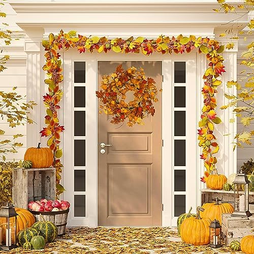 22 inch Artificial Fall Wreath Maple Leaf Wreath for Front Door Home Decor