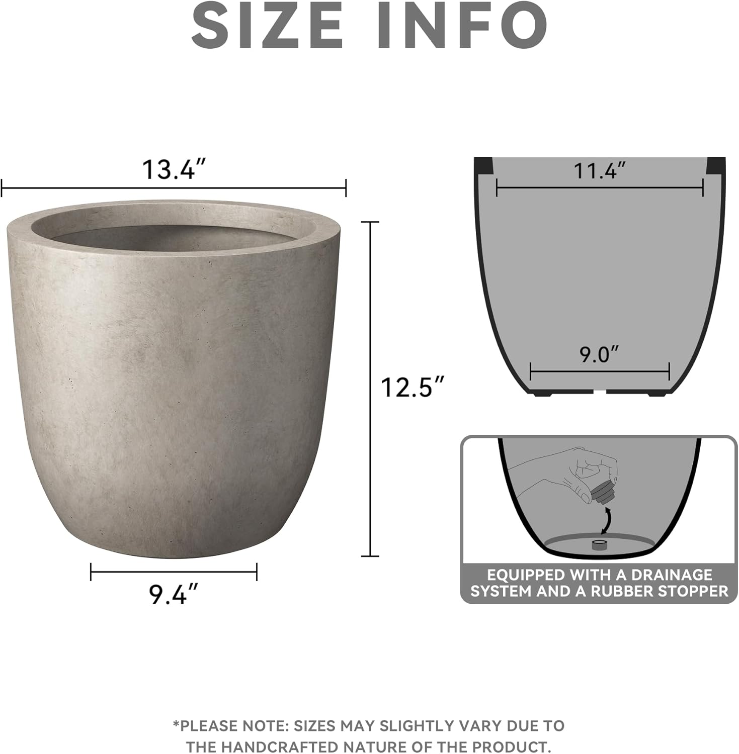 Kante Small Round Curved Weathered Concrete Planter 13.3" Dia, Outdoor | Rubber Plug for Indoor, Drainage for Garden