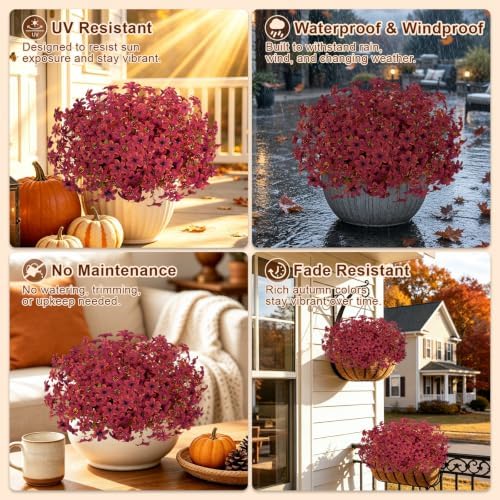 12 Pcs Artificial Fall Flowers for Outdoors, UV Resistant Fake Mums Porch