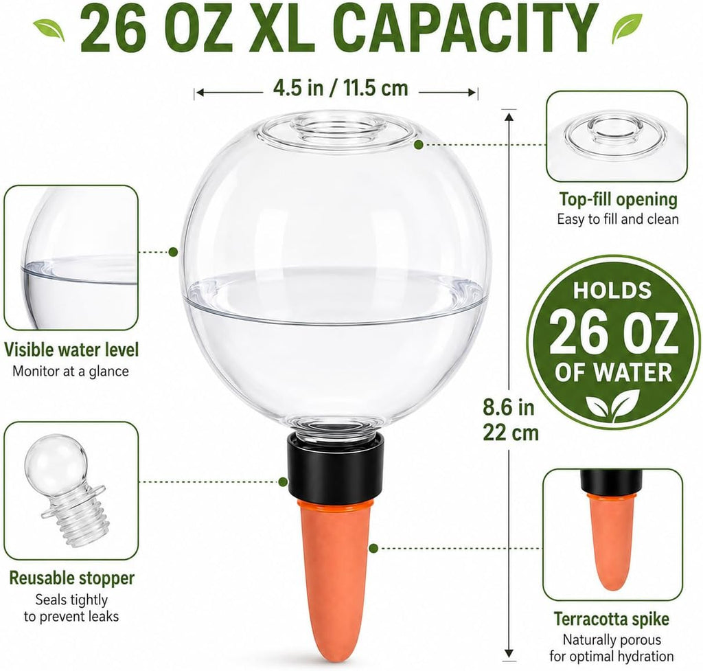 26 oz Large Self Watering Globes, Top Fill Terracotta Spikes, 2 Pack | 750 ml top-fill reservoir with slow-release