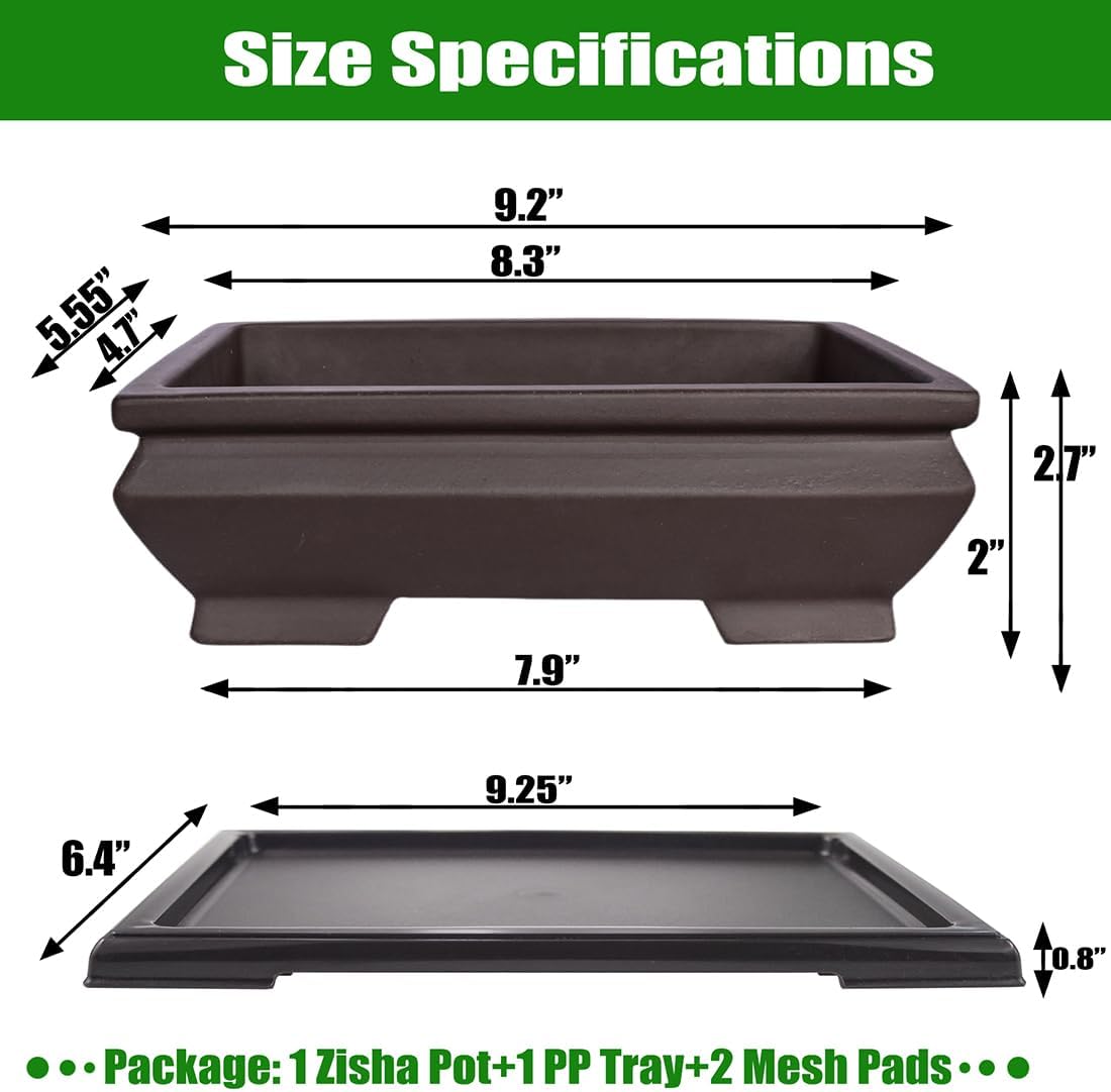 MUZHI Unglazed Ceramic Bonsai Pot with Drainage Tray, Rectangle Vintage Brown Bonsai Planter with 4 Raised Feet for