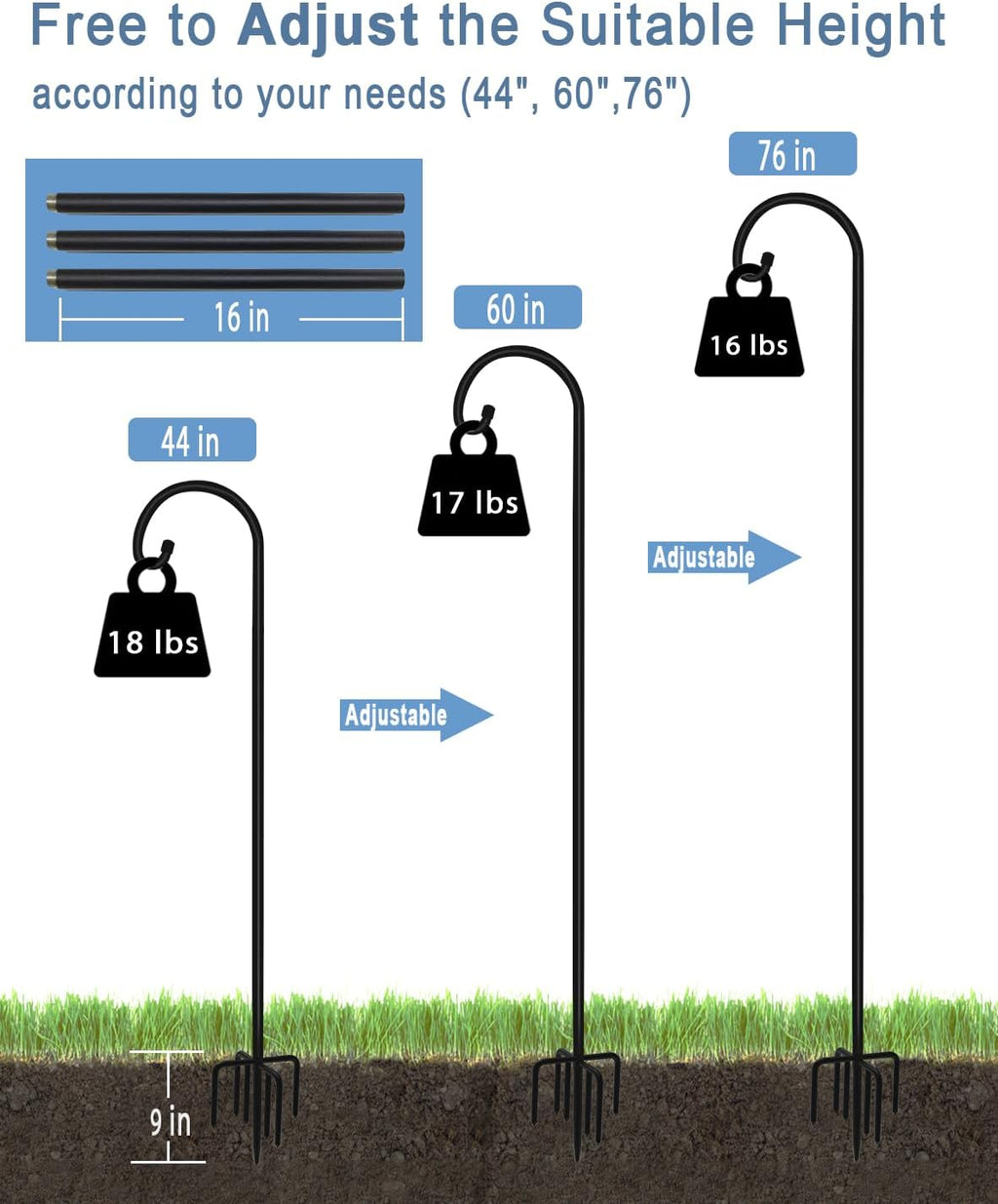 76 inch Outdoor Shepherd Hook with 7 Prong Base (2 Packs), Adjustable Heavy Duty Garden Hanging Stake for Bird Feeder