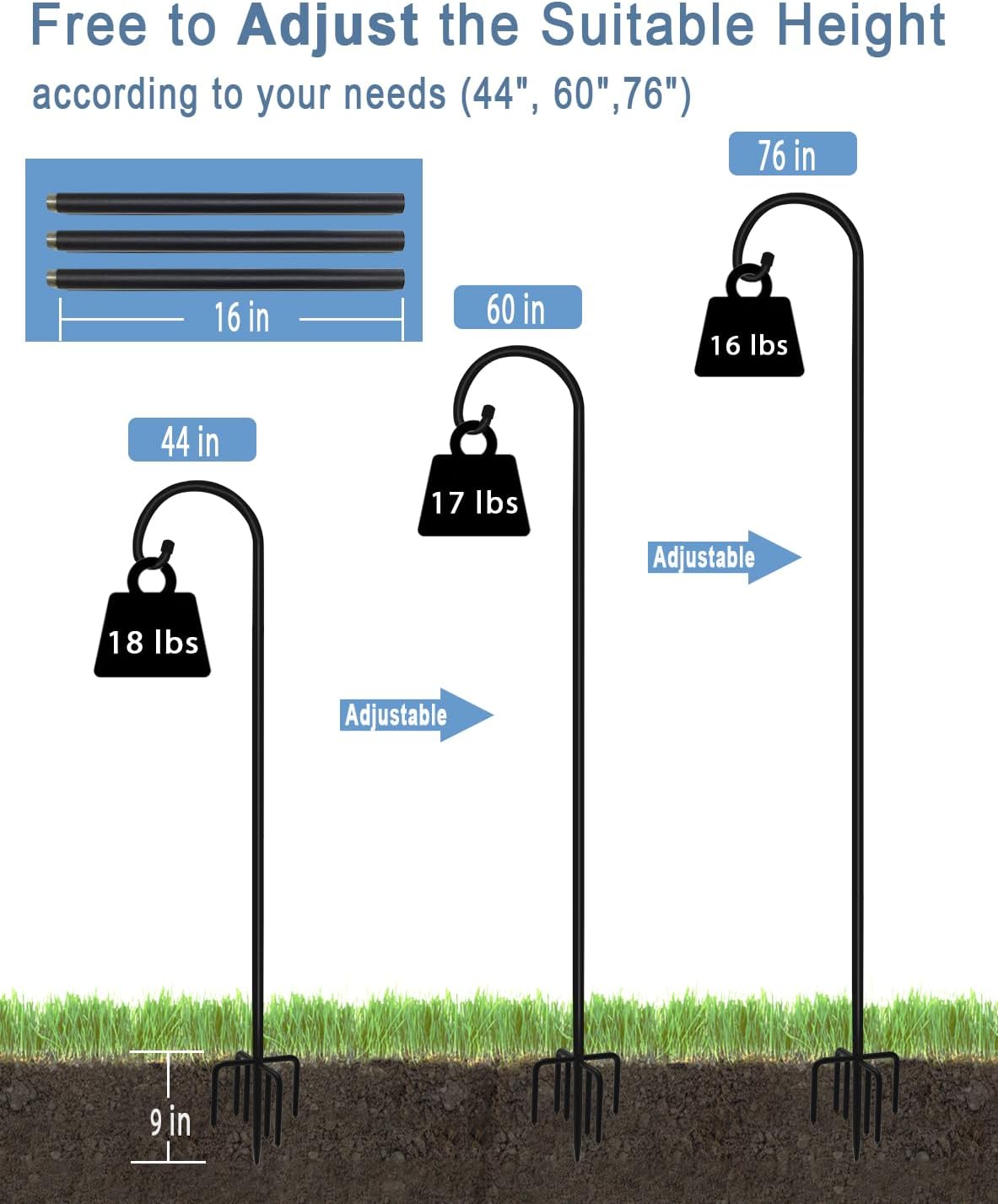 76 inch Outdoor Shepherd Hook with 7 Prong Base (2 Packs), Adjustable Heavy Duty Garden Hanging Stake for Bird Feeder