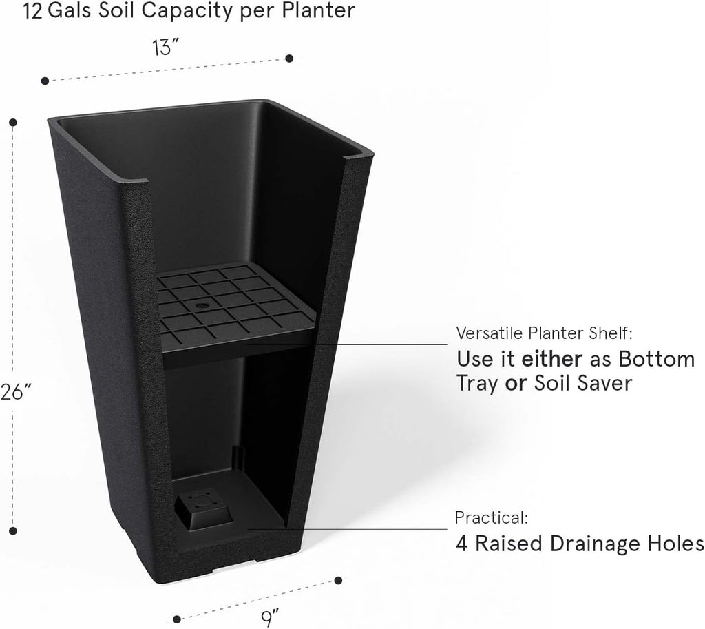 LA JOLIE MUSE Tall Outdoor Planters Set of 2, 26 Inch Large Tapered Planter | Tall Black Rectangular Planters with
