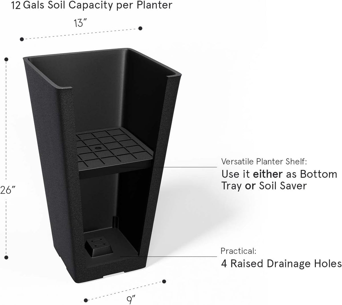 LA JOLIE MUSE Tall Outdoor Planters Set of 2, 26 Inch Large Tapered Planter | Tall Black Rectangular Planters with
