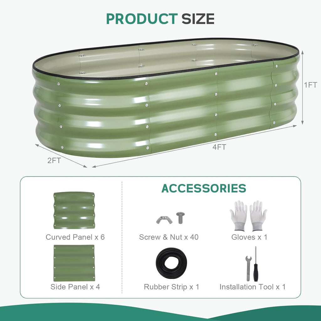 Galvanized Raised Garden Bed Outdoor, 4x2x1ft, Olive Green | Outdoor Oval Metal Garden Planter Box, Bottomless, Safety