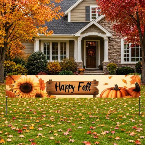 BlissYard Happy Fall Banner 118 x 20 inchs Autumn Thanksgiving Outdoor Decorations Backdrop Happy Fall Yard Signs Party Supplies Autumn Sunflower Pumpkin Front Porch Hanging Banner