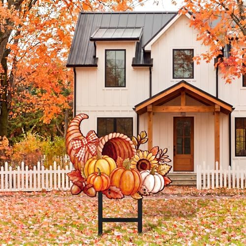 1 Pcs Fall Cornucopia Pumpkin Metal Yard Stakes, 15.2 Inch Decor