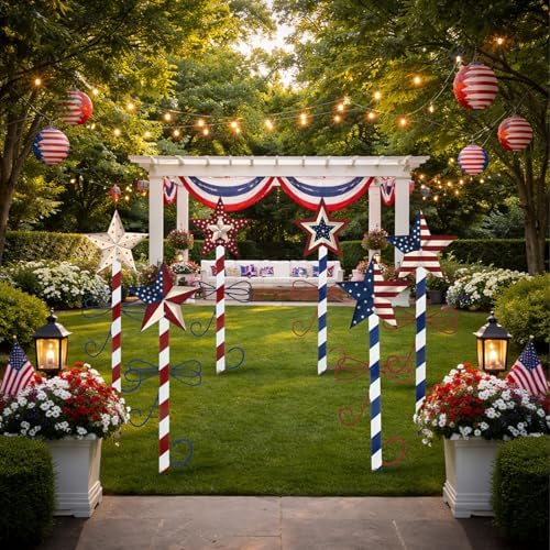 6 Pcs 15" 4th of July Metal Yard Stakes Patriotic Outdoor Garden Decorations Stake Red Blue White Star Yard Sign for 250th Independence Day Porch Patio Walkway Lawn Decoration