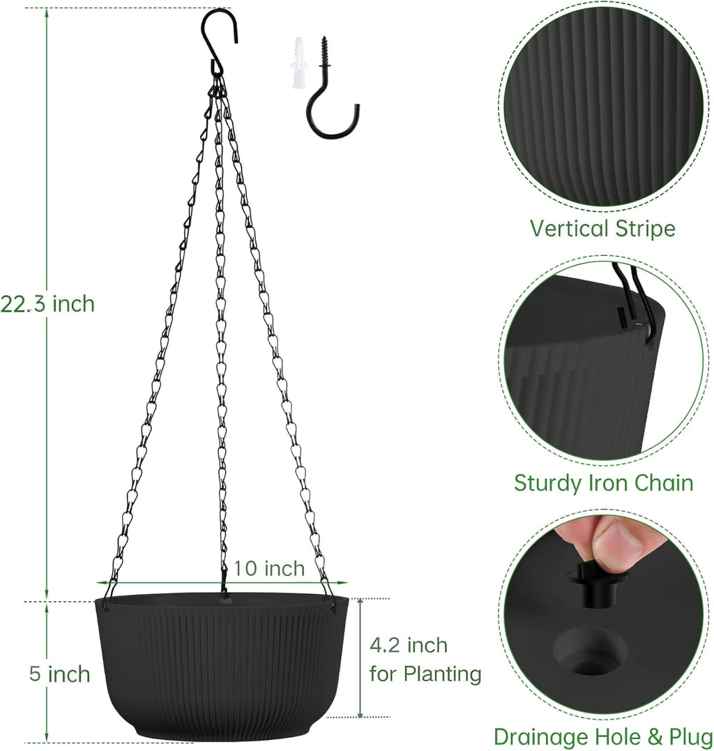 10 Inch Black Hanging Planters for Outdoor Indoor Plants - Set of 2 | Self-Watering Hanging Plant Pots with Internal