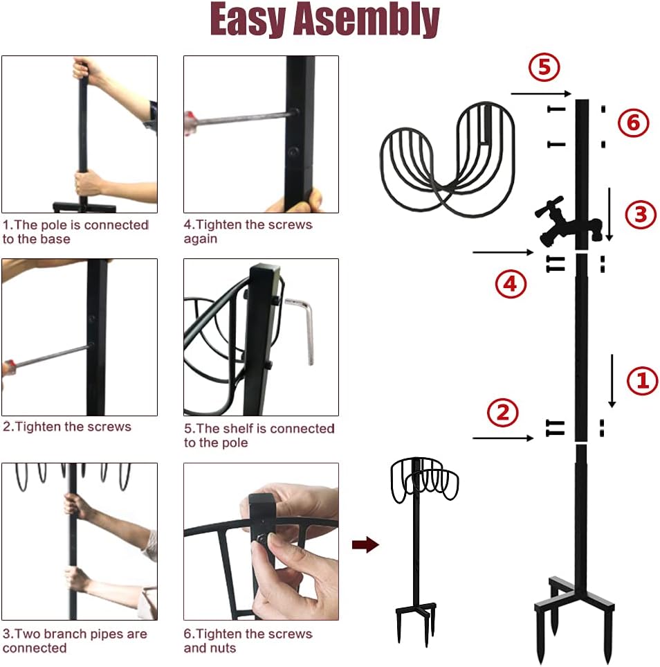 Freestanding Garden Hose Holder Stake with Brass Faucet, Heavy Duty Metal Water Pipe Storage Stand Rack for Outdoor