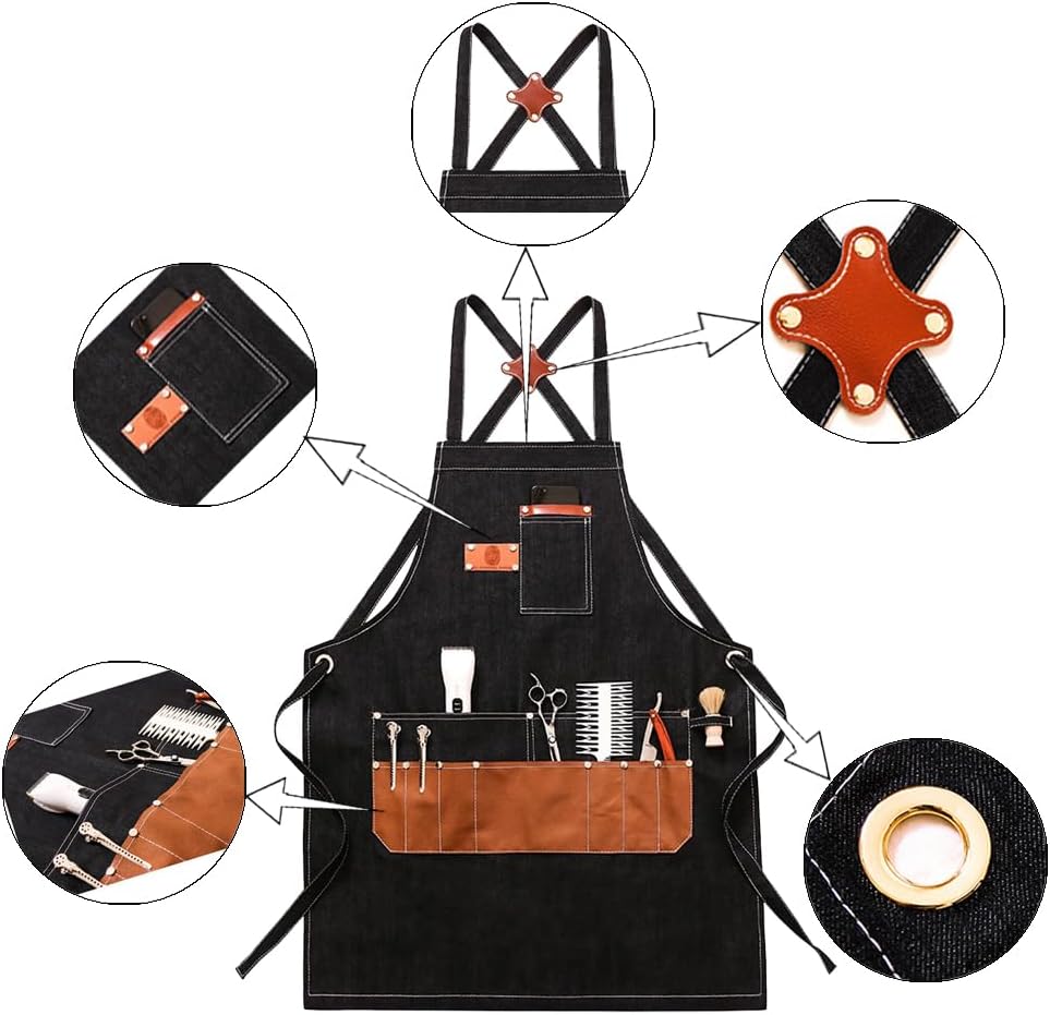 Denim Apron with Big Pockets Adjustable Cooking Apron Jean for Hair Stylist Gardening Craftsmen Barista Hairdresser