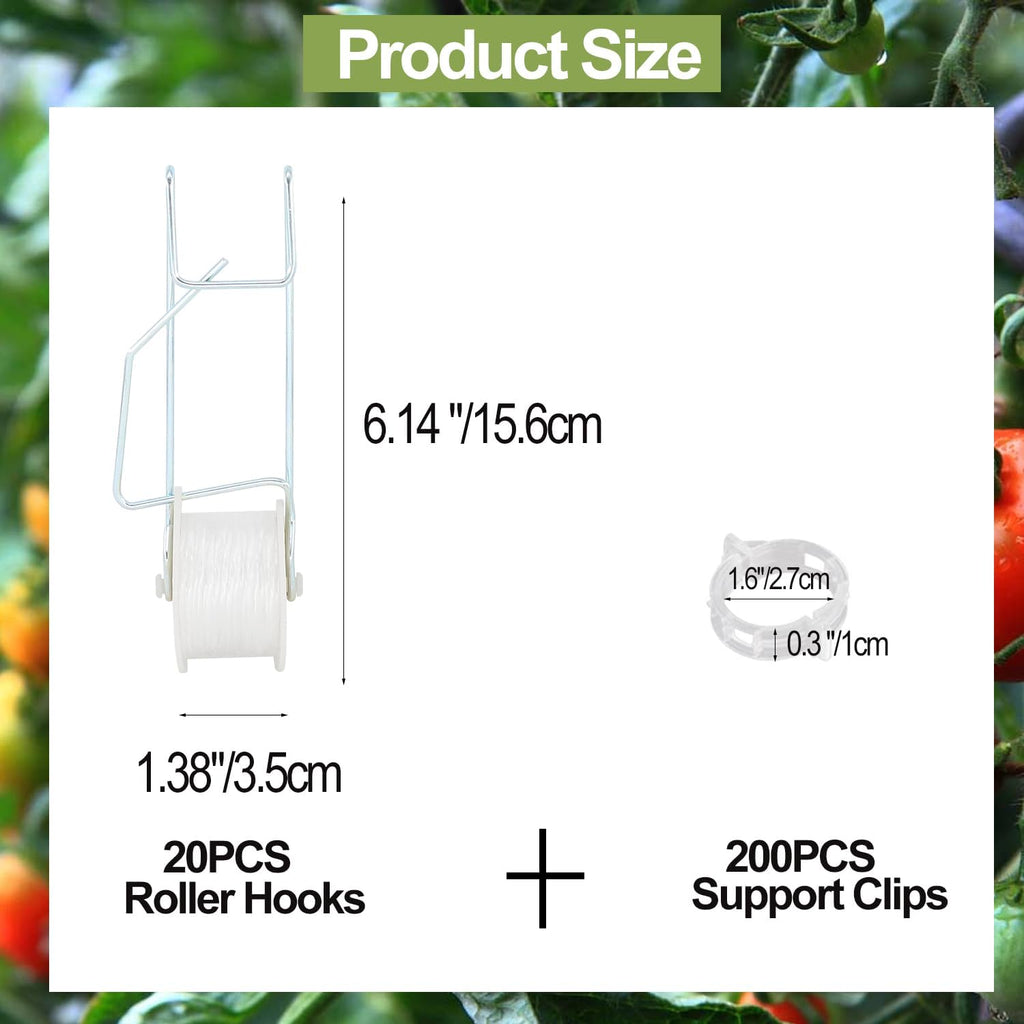 20PCS Tomato Roller Hooks with 49.21FT String and 200PCS Tomato Support Clips for Tomato,Plant, Greenhouse,Flower Vine