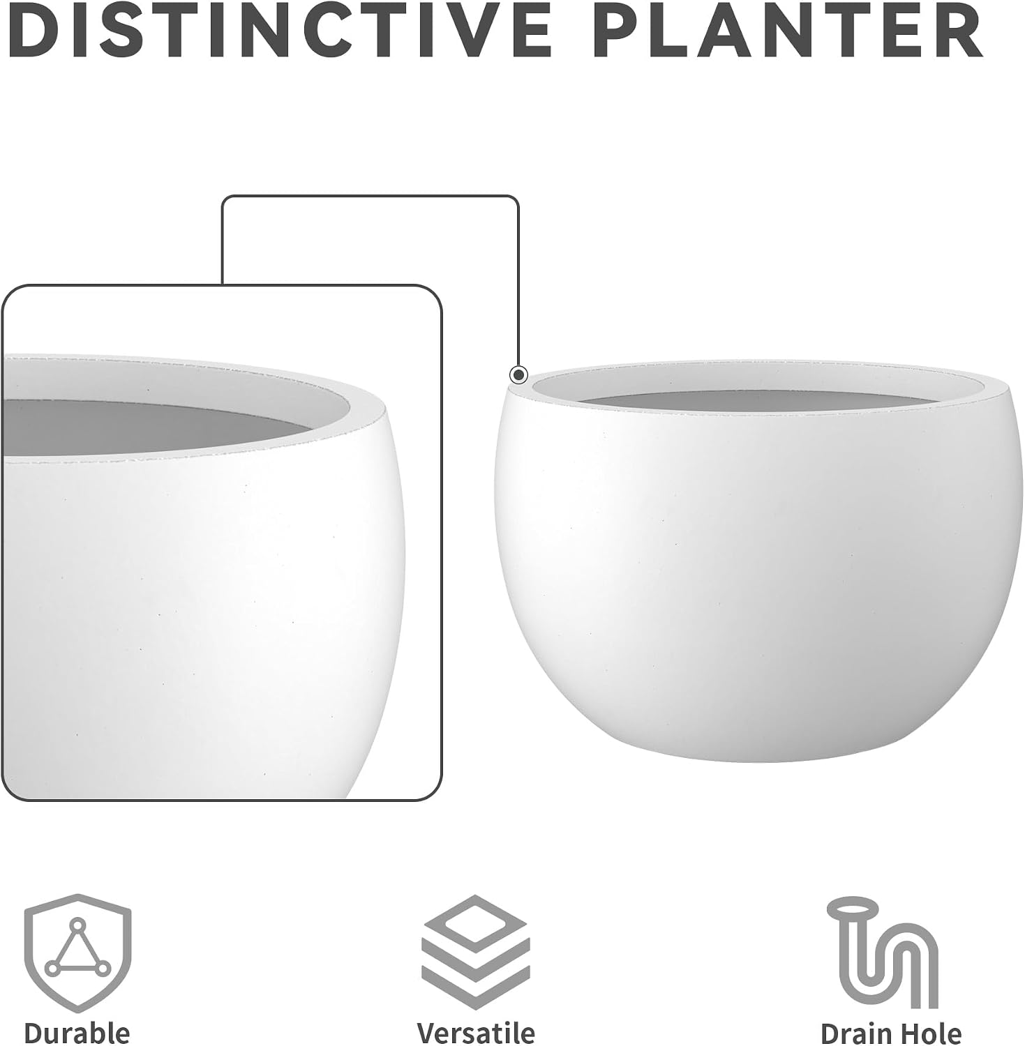Kante Large Round Bowl White Concrete Planter 20" Dia, Outdoor | Rubber Plug for Indoor, Drainage for Garden