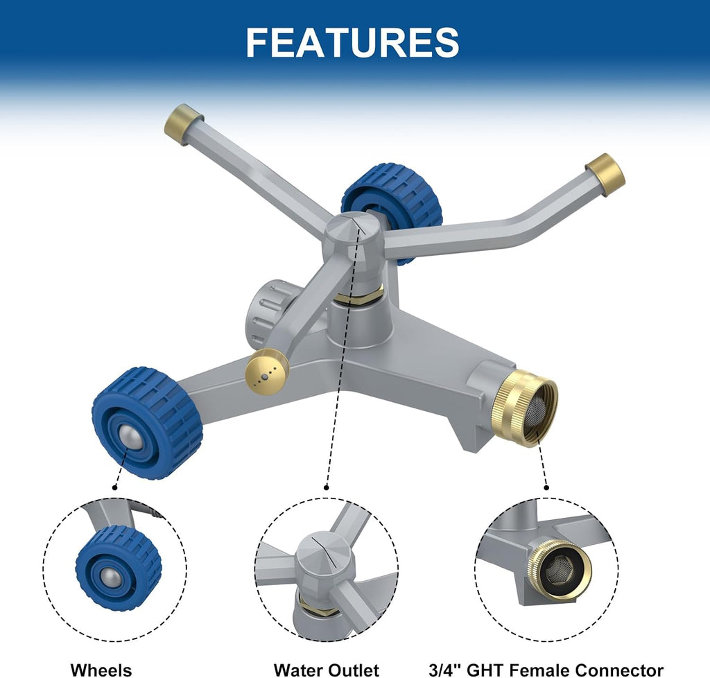 Sprinklers for Yard, 3-Arm Metal Sprinkler with Wheel Base, 360-degree Automatic Rotary Lawn Sprinkler System for