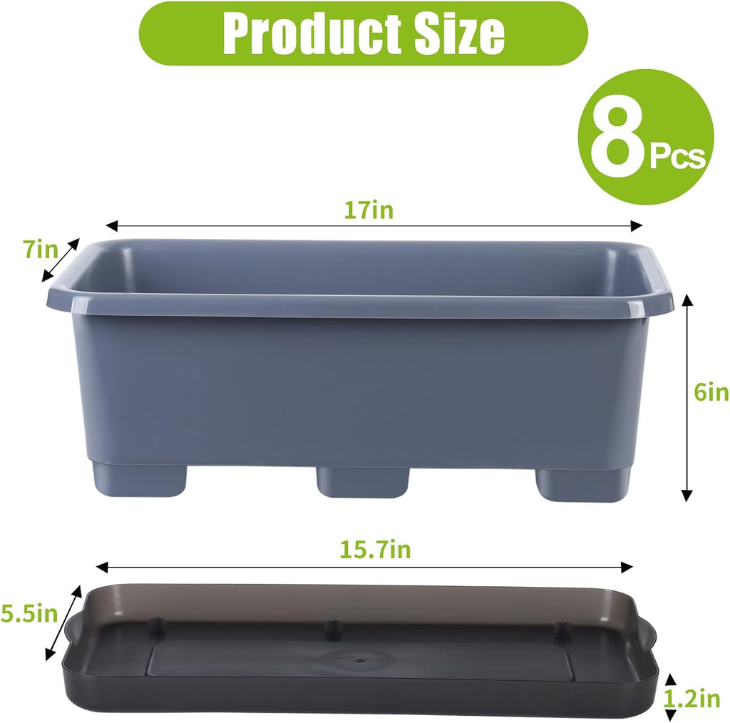 Window Box Planter 8 Pcs, 17 Inches Rectangle Flower Pots with Drainage Holes and Trays, Vegetable Planters for