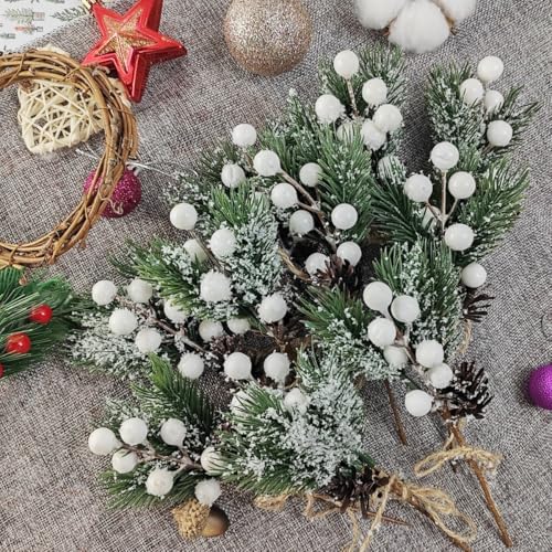 TIHOOD 20PCS 8inch Artificial Christmas Floral Picks, White Fake Berry Picks Stems, Pine Branches with Pinecones Holly Leaves for Vase Floral Arrangement Wreath Winter Holiday Season Decor Crafts