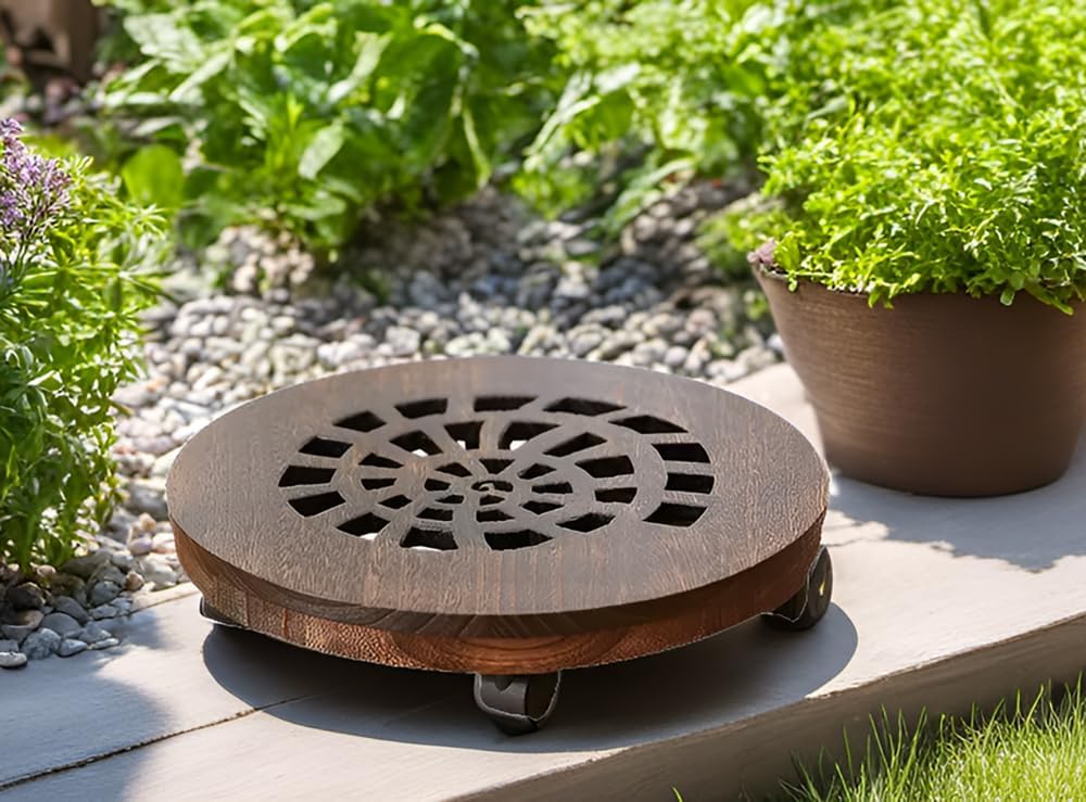 Wood Plant Caddy, Heavy Duty Rolling Planter Dolly With Rotating Casters, Movable Flower Pot Stand, Round Plant Rack