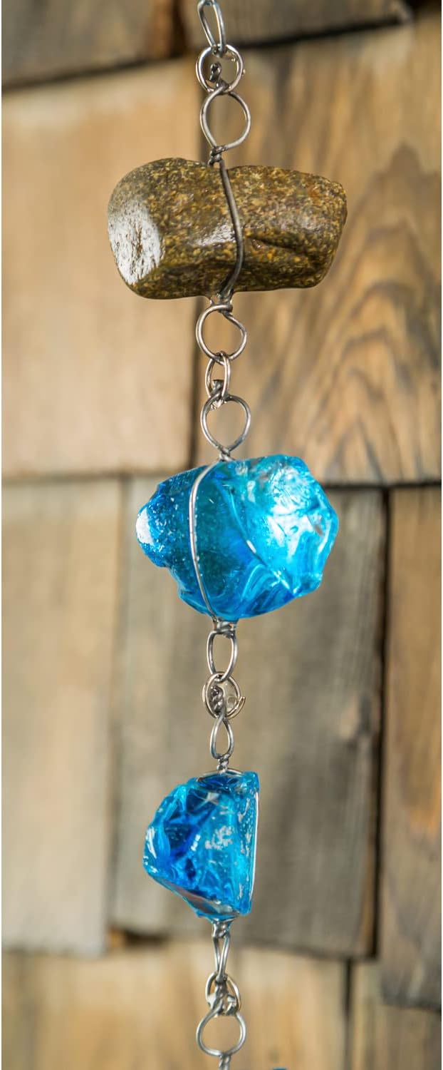 Evergreen 6 Feet Long Blue Glass and Metal Rain Chains for Gutters | Rain Catcher Chain Replacement Downspout