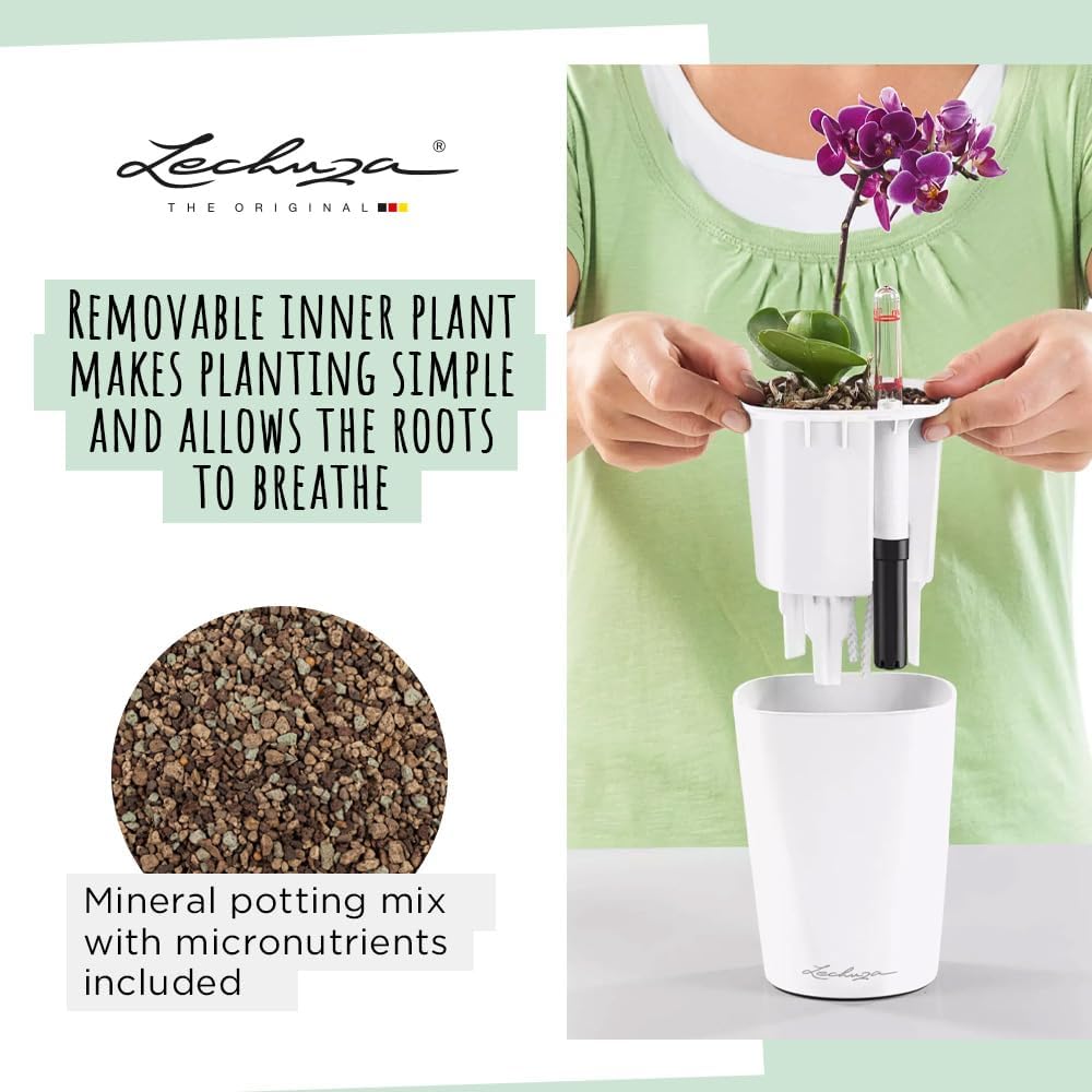 Lechuza MINI-DELTINI Cream White High Gloss, Self-Watering Small Indoor Planter, H5.1 L3.9 W3.9, 0.4L in
