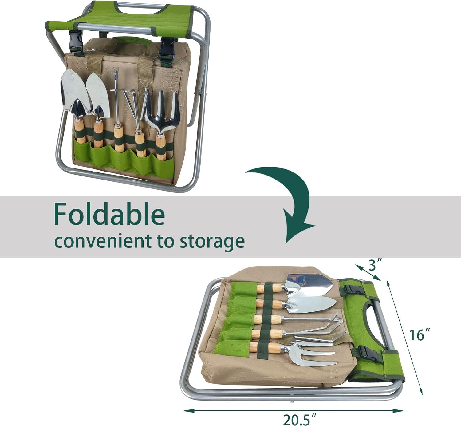 Folding Garden Kneeler Stool with Tool Set - 8 Piece Gardening Kit with Insulated Bag, Knee Pad, 5 Hand Tools