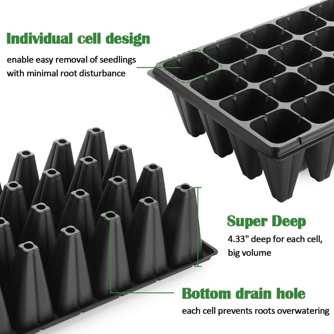 RooTrimmer 10 Pack 1020 Trays No Holes and 10 Pack 4.3" Deep 32 Cell Seed Starter Trays, 20" x 10" - Heavy Duty Plastic