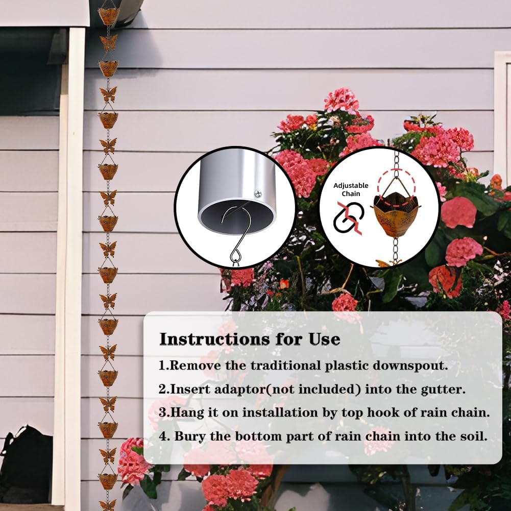 9.2ft Rain Chains for Outside Gutters, Eaves, Drainage | Copper Rain Chain, 12 Cup with Butterfly Decor, Adjustable