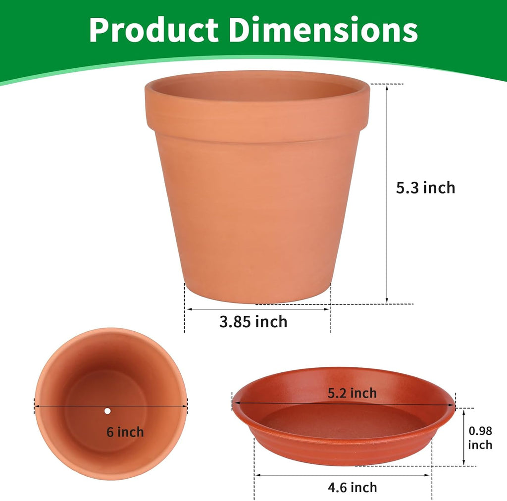 6 Pack 6 Inch Terracotta & Clay Pots with Saucer for Plants, Large Terra Cotta Plant Pot with Drainage Hole, Flowerpot