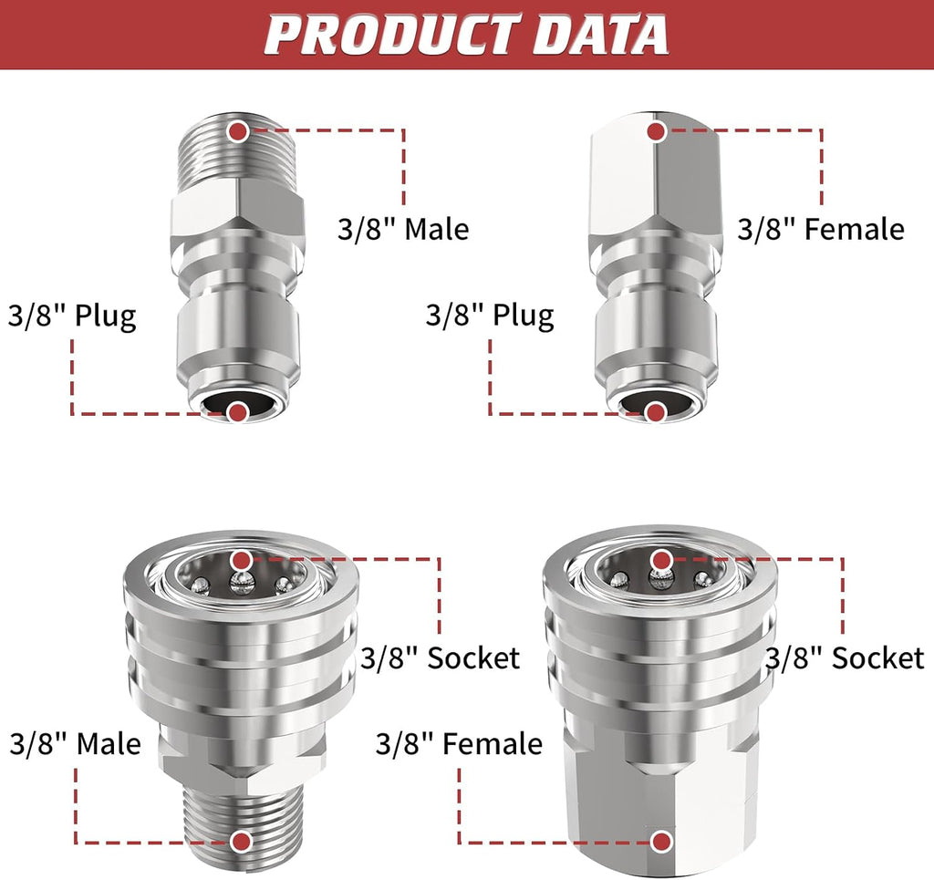 3/8" Pressure Washer Quick Connect Kit (8 Pcs) | Female and Male Swivel Fitting, Stainless Steel Adapter Set 3/8 Quick