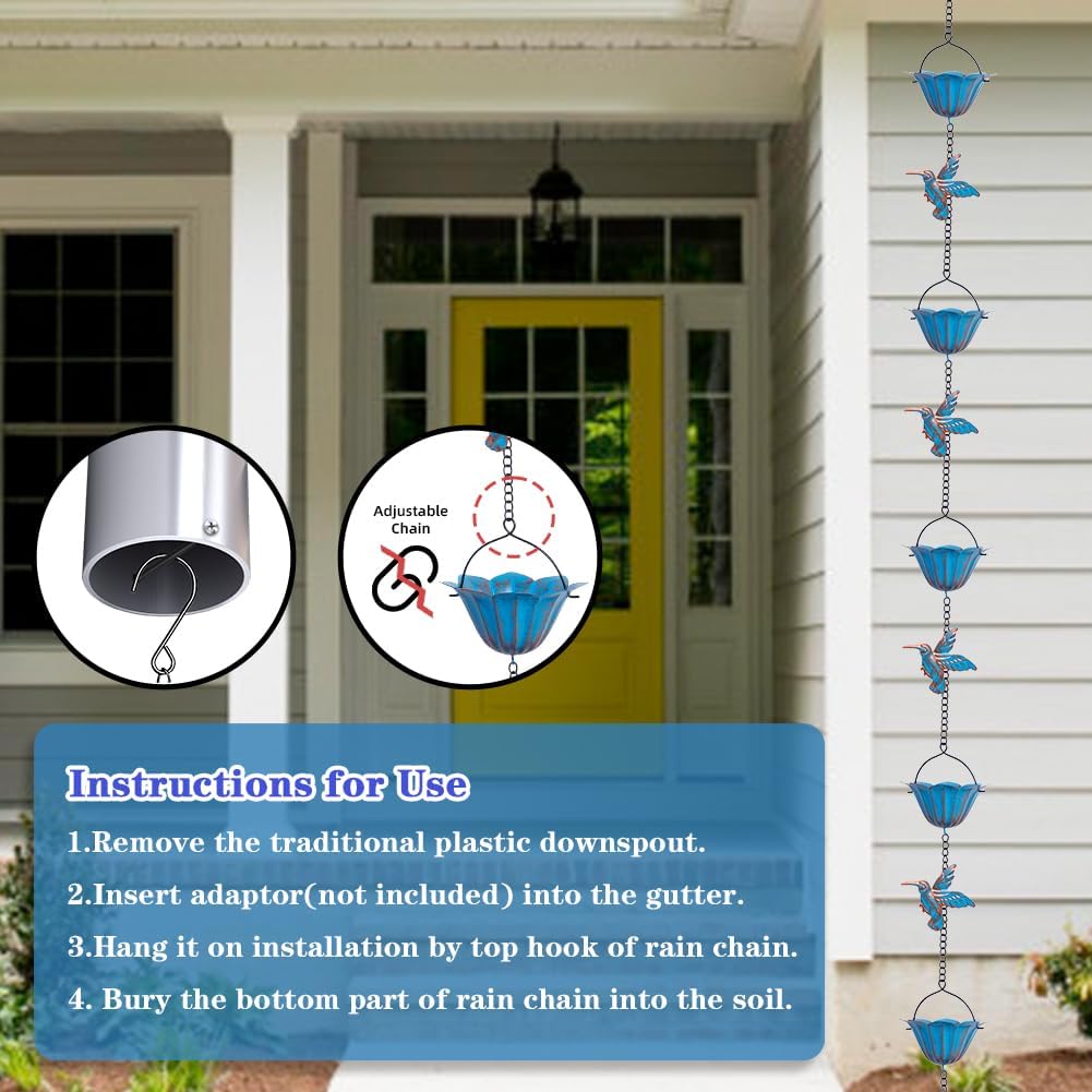 13.4FT Hummingbird Rain Chains for Outside, Gutters,Eaves, Drainage | Metal Rain Chain, 12 Lotus Cups, Decorative Rain