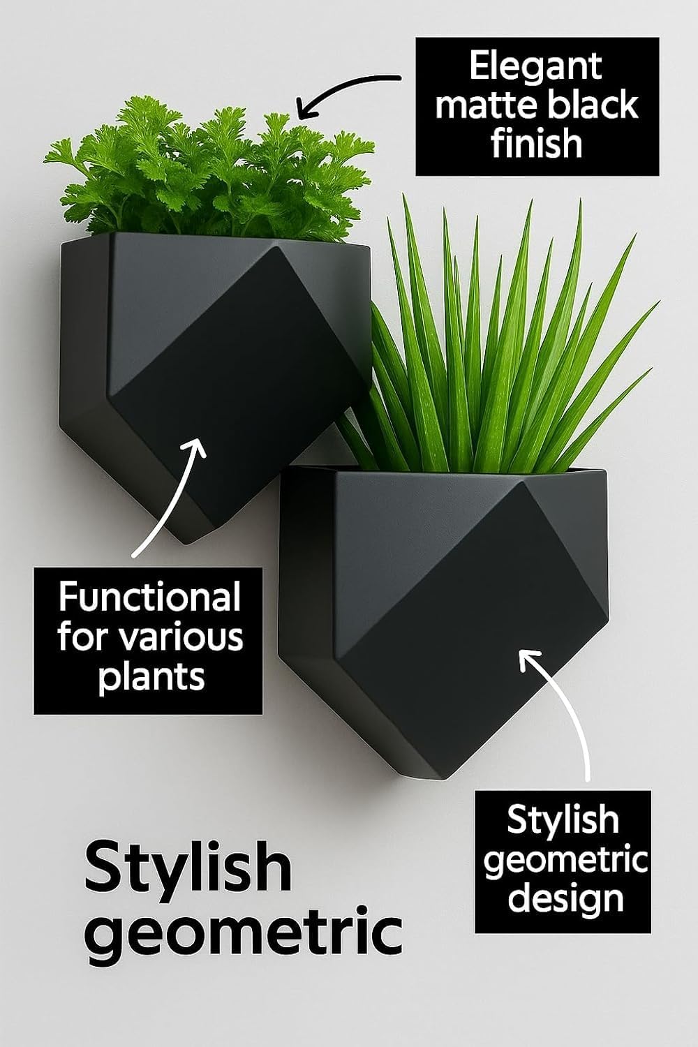 Vertical Garden Wall Planters – 2-Pack Modern Matte Black Geometric Pots for Indoor Plants, Wall Vase, Indoor and