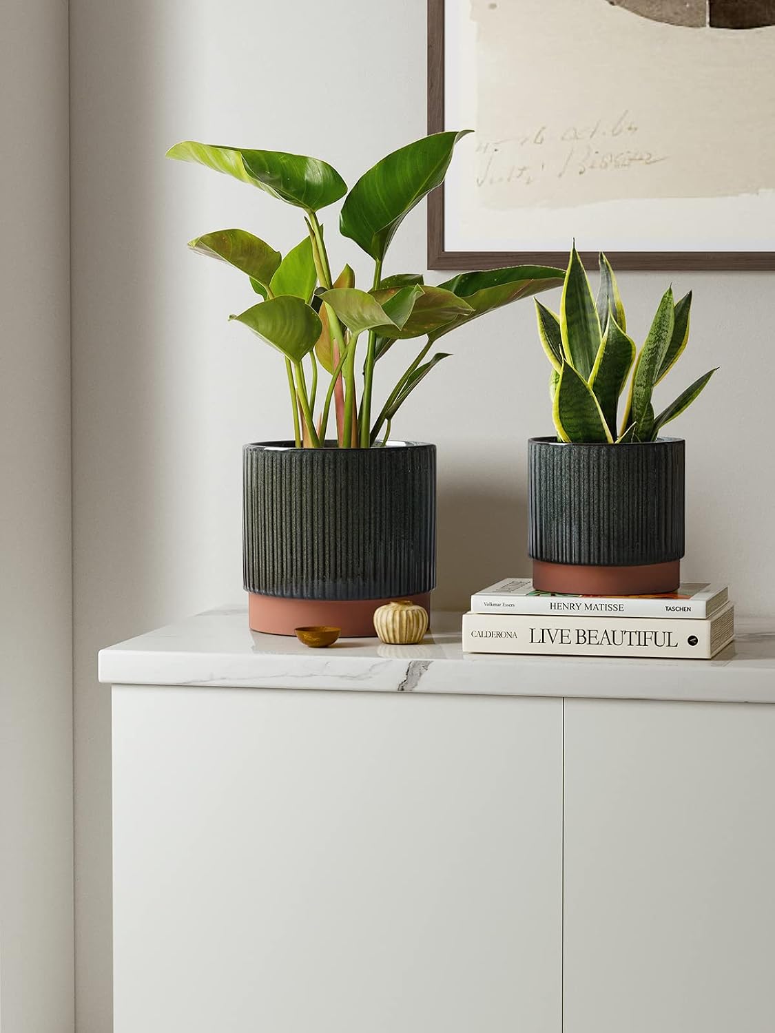 LE TAUCI Ceramic Plant Pots with Drainage Holes, Set of 3, 8+6.7+5.5 Inch Stripe Garden Planter Pots for Outdoor Indoor