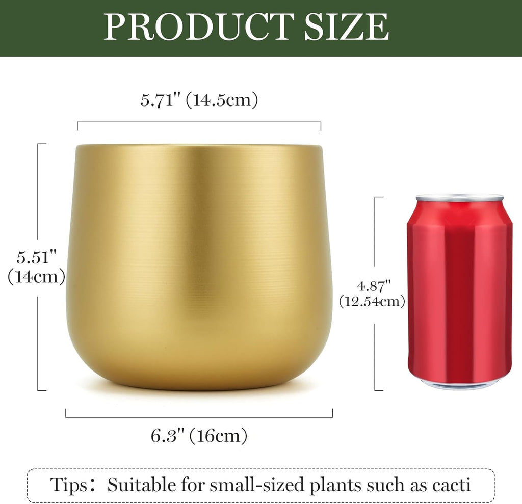 6.3" Gold Metal Plant Pots with Drainage Hole & Liner for Indoor Plants | Brushed Gold Anti-Rust Metal Finish, Stable