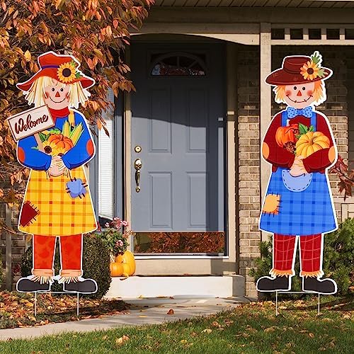 Sintuff 4 Pcs 31.5 x 11 Inch Fall Yard Signs Fall Outdoor Decorations Thanksgiving Scarecrow Yard Signs with Stakes Thanksgiving Garden Scarecrows for Outdoor Lawn Garden Autumn Welcome Decorations