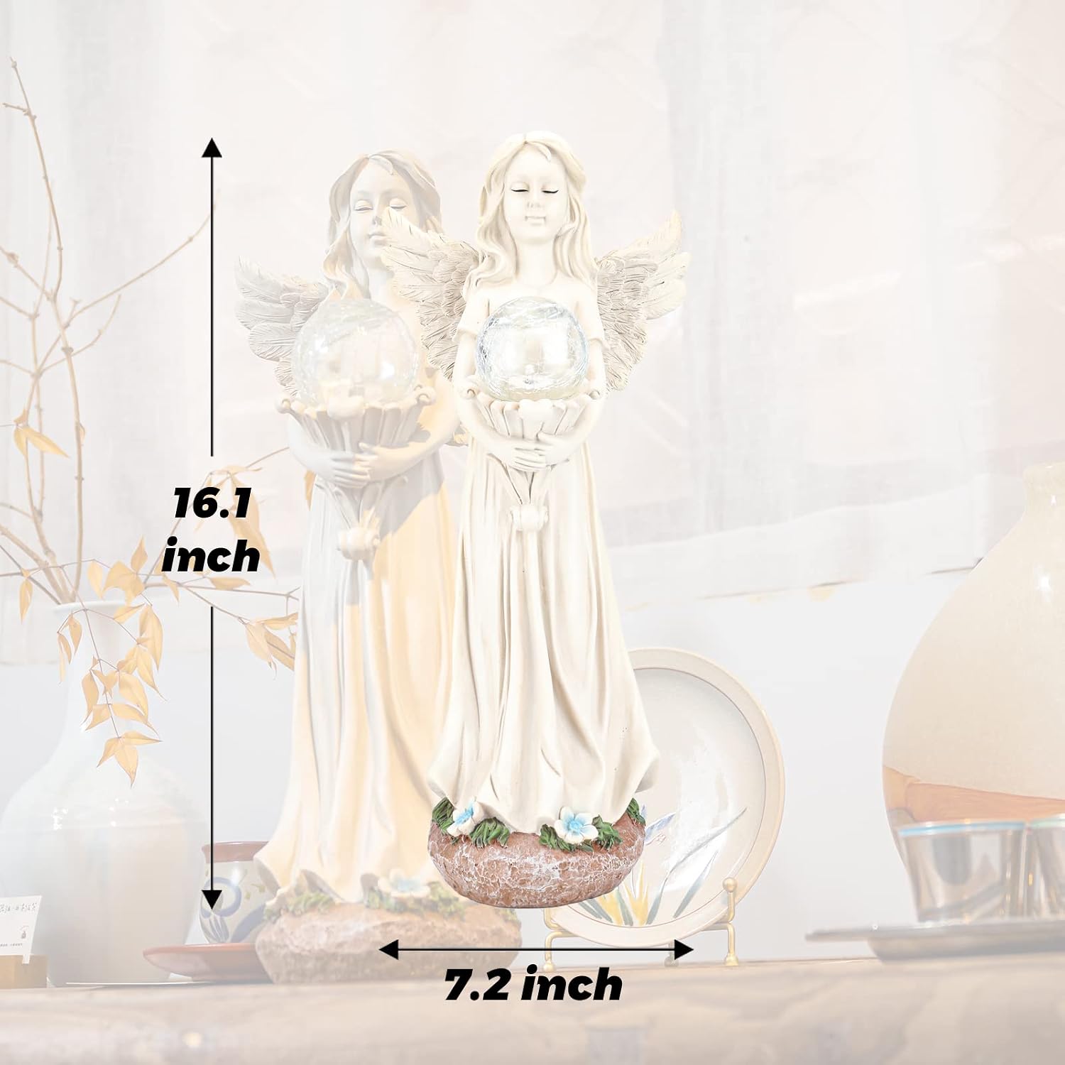 Garden Angels Outdoor Statue, Solar Angel with Crackled Glass Globe | 16.3'' Resin Angel Statue with Warm Led Lights