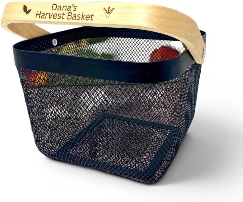 PersonalizedMetal Mesh Harvest Basket with Custom Engraved Handle, Gift For Gardeners, Vegitable Harvesting Basket