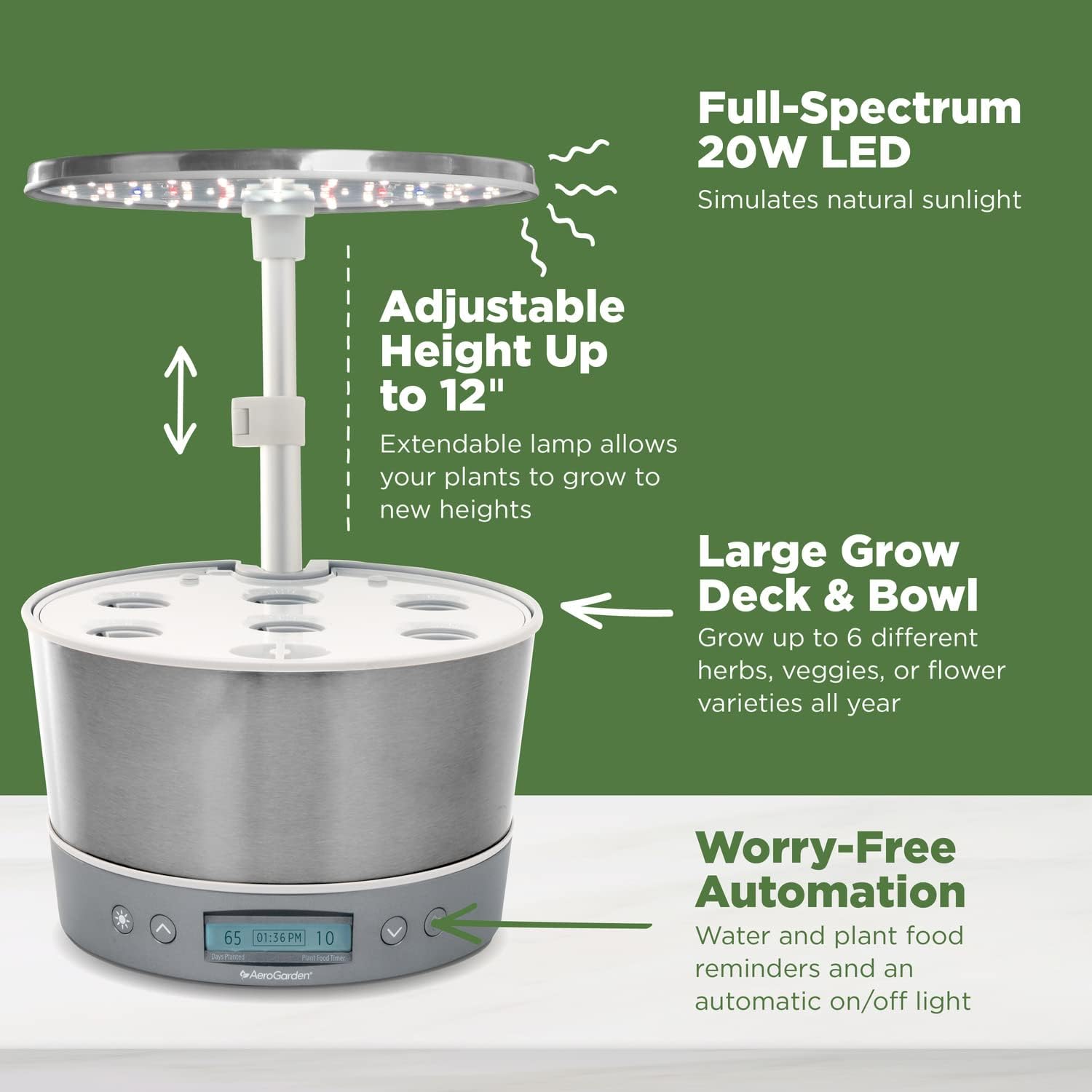AeroGarden Harvest Elite 360, White Stainless | Indoor Garden with LED Grow Light